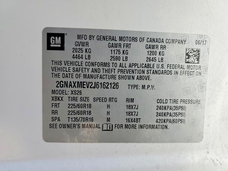 2018 Chevrolet Equinox მანქანა იყიდება აუქციონზე, vin: 2GNAXMEV2J6162126, აუქციონის ნომერი: 56604566