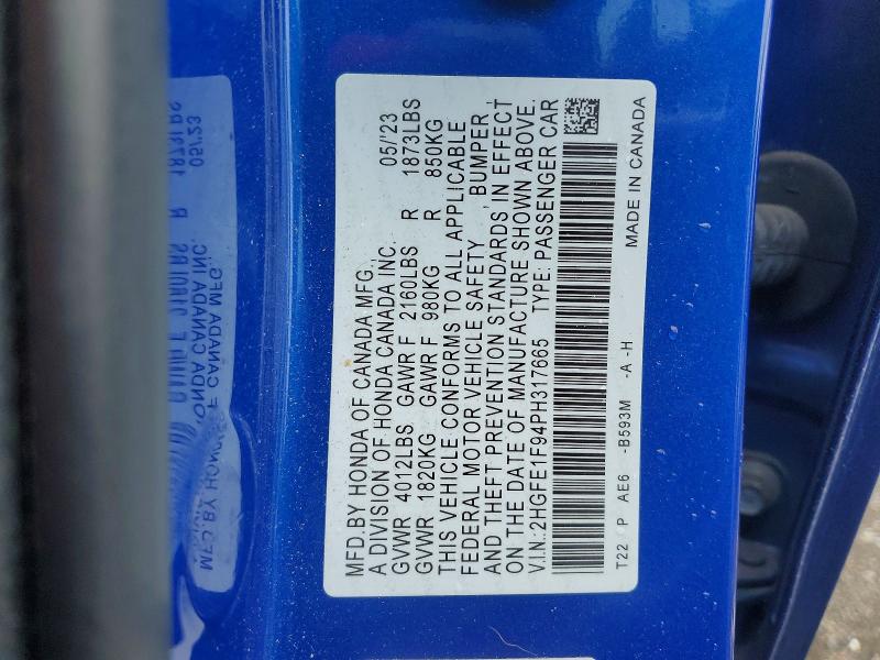 Auction sale of the 2023 Honda Civic, vin: 2HGFE1F94PH317665, lot number: 55390196