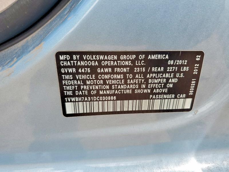 2013 Volkswagen Passat მანქანა იყიდება აუქციონზე, vin: 1VWBH7A31DC030886, აუქციონის ნომერი: 58488426