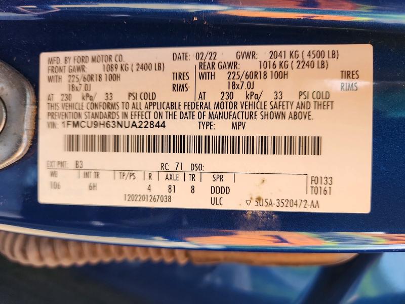 Aukcja sprzedaży 2022 Ford Escape, vin: 1FMCU9H63NUA22844, numer aukcji: 56249236