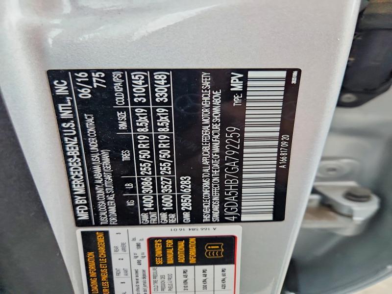 57652106 :رقم المزاد ، 4JGDA5HB7GA792259 vin ، 2016 Mercedes-benz Gle مزاد بيع