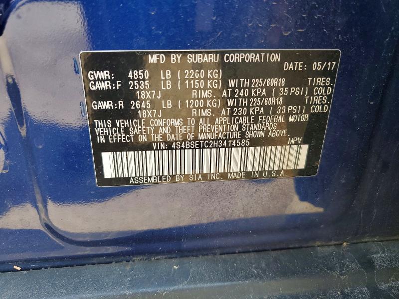 57013116 :رقم المزاد ، 4S4BSETC2H3414585 vin ، 2017 Subaru Outback مزاد بيع