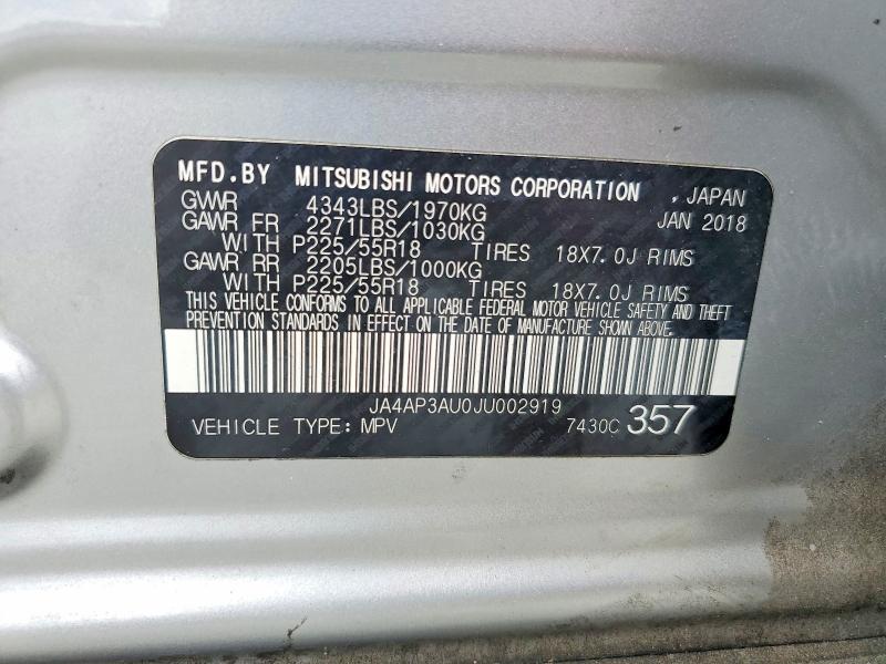 2018 Mitsubishi Outlander Sport მანქანა იყიდება აუქციონზე, vin: JA4AP3AU0JU002919, აუქციონის ნომერი: 58564236