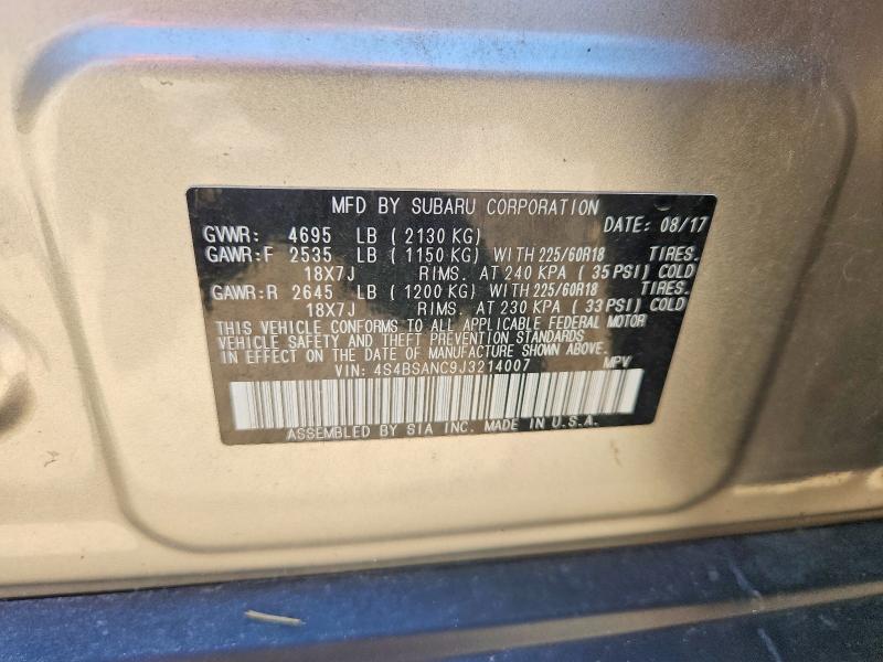 58547136 :رقم المزاد ، 4S4BSANC9J3214007 vin ، 2018 Subaru Outback مزاد بيع