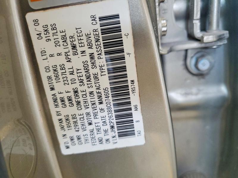 Aukcja sprzedaży 2008 Honda Accord, vin: JHMCP26388C074605, numer aukcji: 58249926