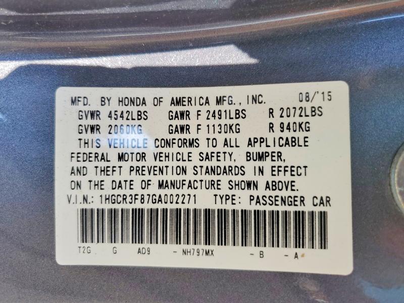 58436516 :رقم المزاد ، 1HGCR3F87GA002271 vin ، 2016 Honda Accord مزاد بيع