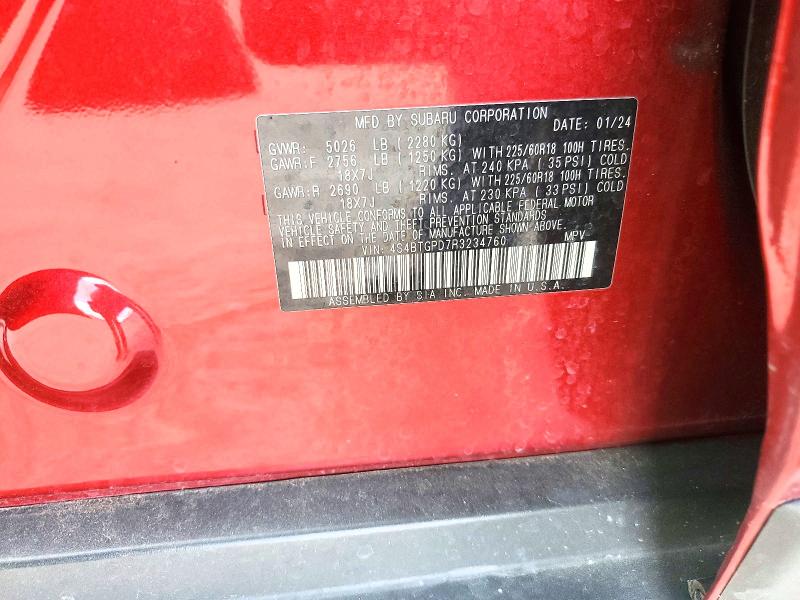 Aukcja sprzedaży 2024 Subaru Outback, vin: 4S4BTGPD7R3234760, numer aukcji: 57137476