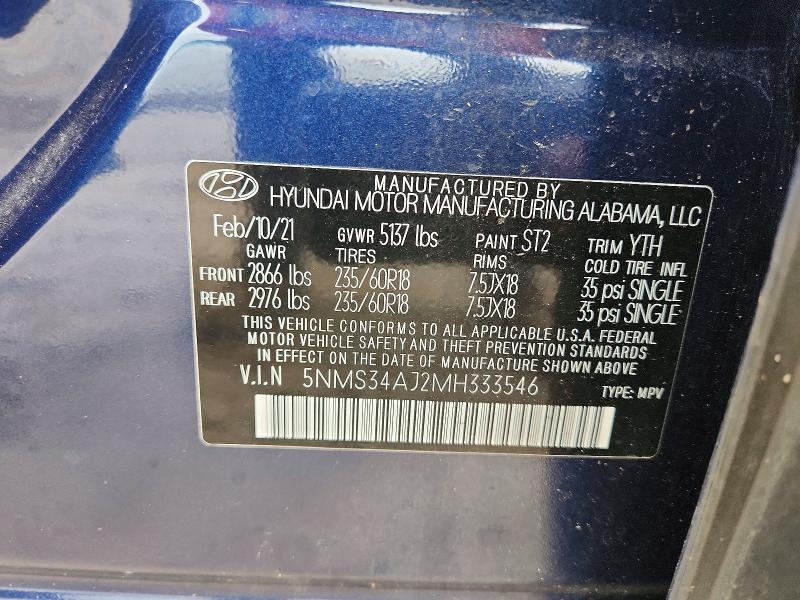 Продаж на аукціоні авто 2021 Hyundai Santa Fe, vin: 5NMS34AJ2MH333546, номер лоту: 55823446
