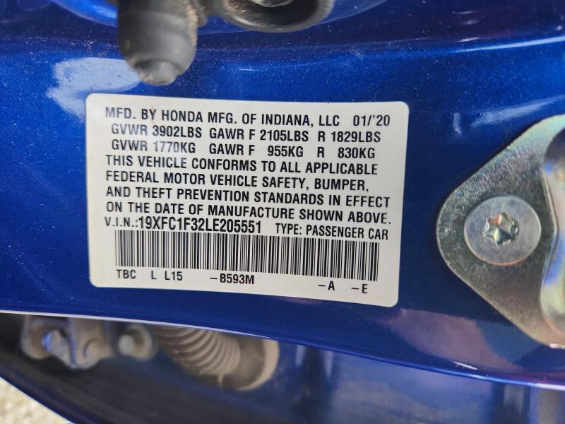 Продаж на аукціоні авто 2020 Honda Civic, vin: 19XFC1F32LE205551, номер лоту: 55699246
