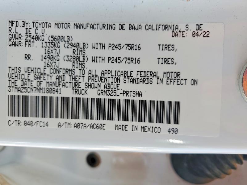 2022 Toyota Tacoma მანქანა იყიდება აუქციონზე, vin: 3TMAZ5CN7NM180841, აუქციონის ნომერი: 55467796