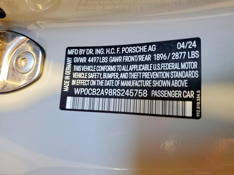 55990646 :رقم المزاد ، WP0CB2A98RS245758 vin ، 2024 Porsche 911 مزاد بيع