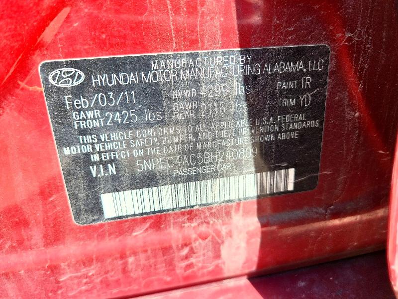 2011 Hyundai Sonata მანქანა იყიდება აუქციონზე, vin: 5NPEC4AC5BH240809, აუქციონის ნომერი: 56439666