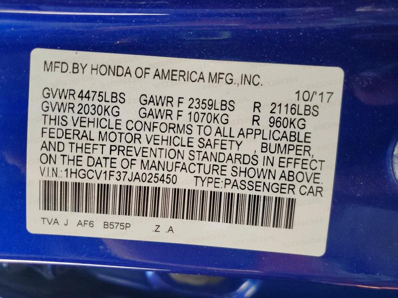 57369386 :رقم المزاد ، 1HGCV1F37JA025450 vin ، 2018 Honda Accord مزاد بيع