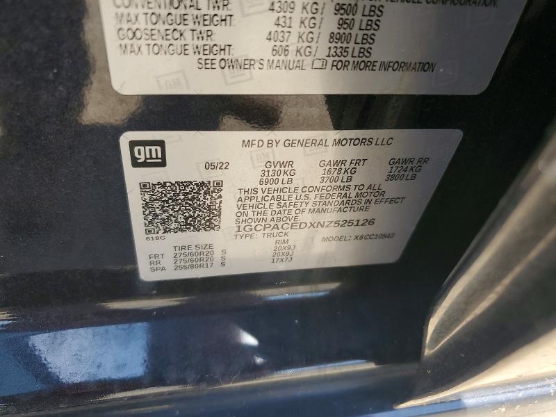 Продаж на аукціоні авто 2022 Chevrolet Silverado, vin: 1GCPACEDXNZ525126, номер лоту: 55961146