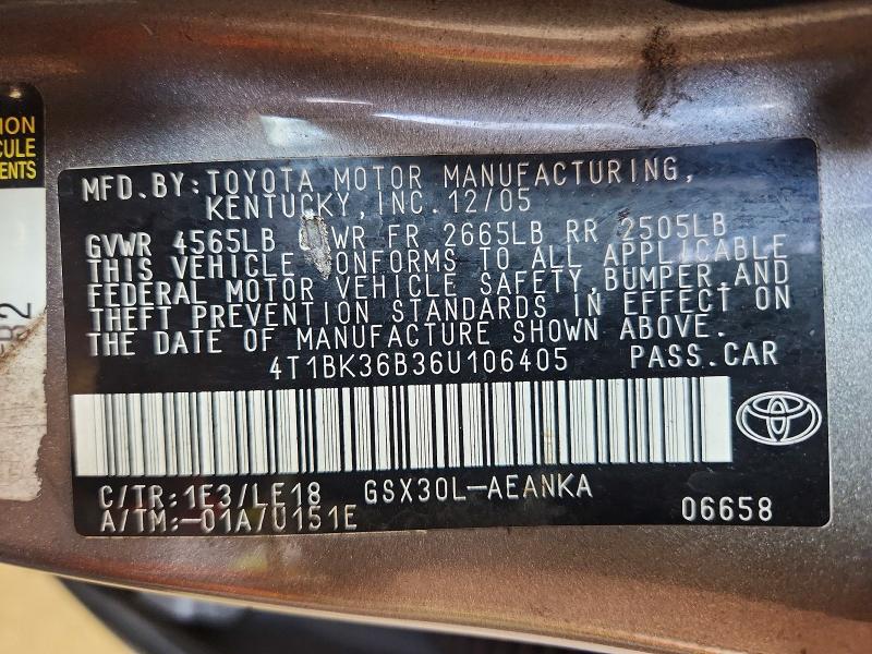55764476 :رقم المزاد ، 4T1BK36B36U106405 vin ، 2006 Toyota Avalon مزاد بيع