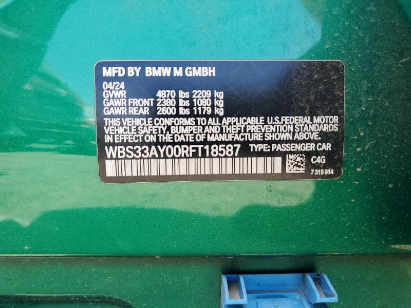 Aukcja sprzedaży 2024 Bmw M3, vin: WBS33AY00RFT18587, numer aukcji: 58298876