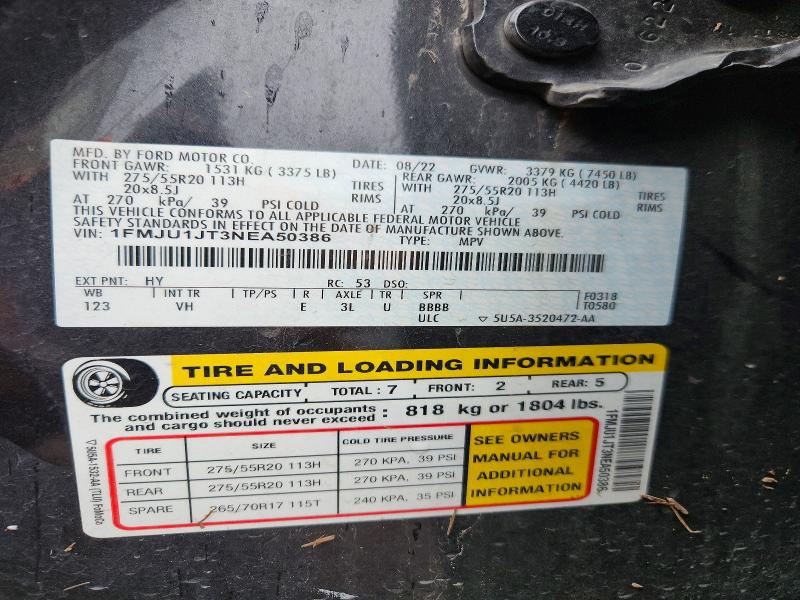2022 Ford Expedition მანქანა იყიდება აუქციონზე, vin: 1FMJU1JT3NEA50386, აუქციონის ნომერი: 55739416