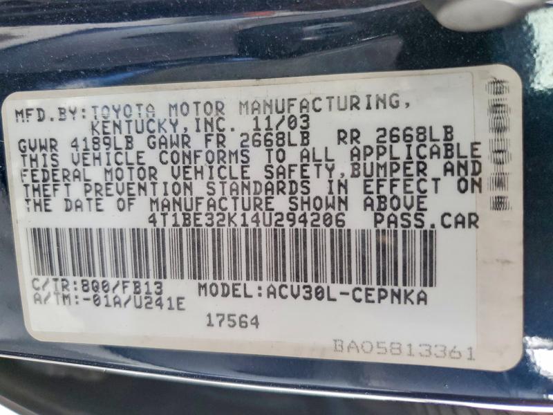56466086 :رقم المزاد ، 4T1BE32K14U294206 vin ، 2004 Toyota Camry مزاد بيع