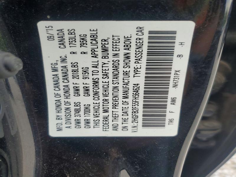 Продаж на аукціоні авто 2015 Honda Civic, vin: 2HGFB2F55FH564624, номер лоту: 59261616