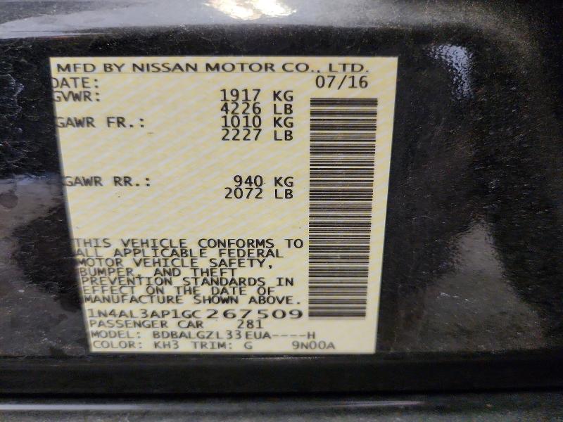 2016 Nissan Altima მანქანა იყიდება აუქციონზე, vin: 1N4AL3AP1GC267509, აუქციონის ნომერი: 59004416