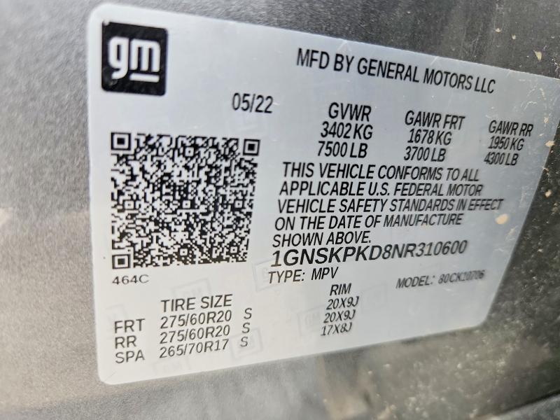 Aukcja sprzedaży 2022 Chevrolet Tahoe, vin: 1GNSKPKD8NR310600, numer aukcji: 55901026
