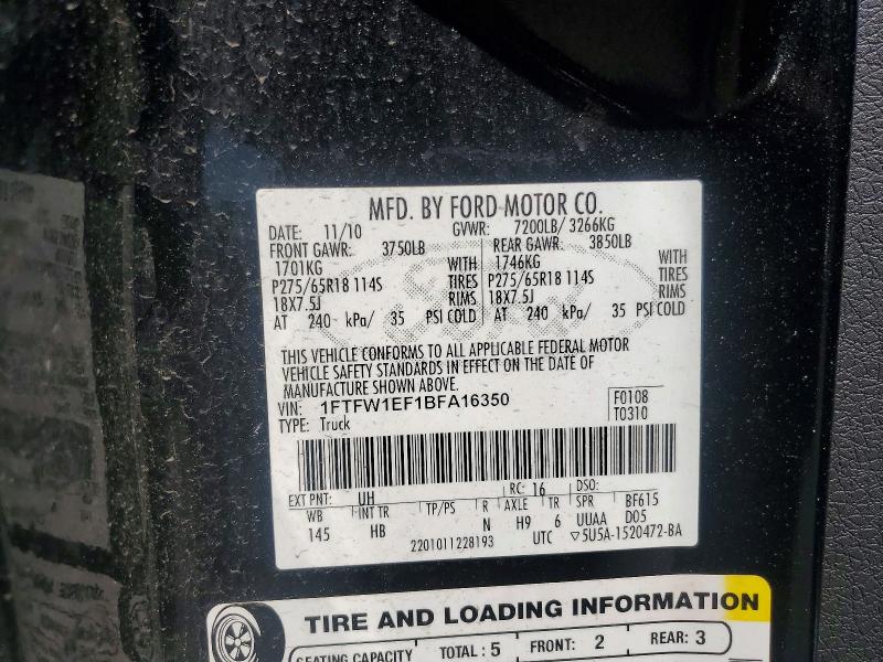 2011 Ford F150 მანქანა იყიდება აუქციონზე, vin: 1FTFW1EF1BFA16350, აუქციონის ნომერი: 55767196