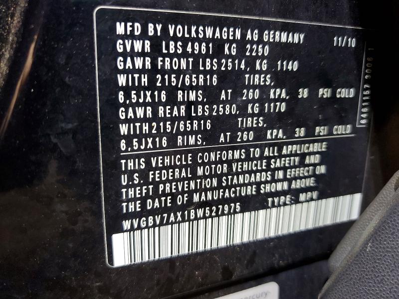 58845736 :رقم المزاد ، WVGBV7AX1BW527975 vin ، 2011 Volkswagen Tiguan مزاد بيع