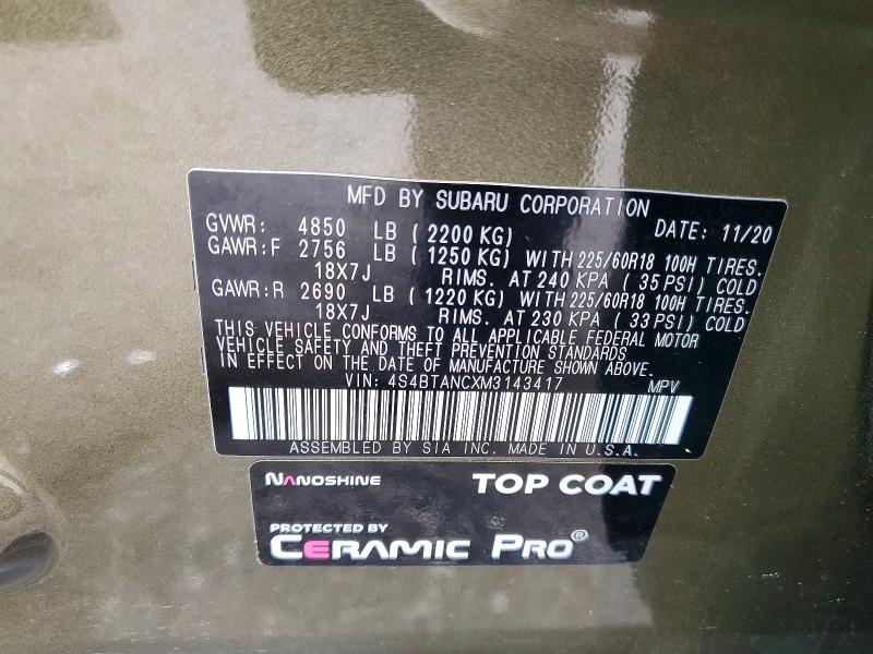 Aukcja sprzedaży 2021 Subaru Outback, vin: 4S4BTANCXM3143417, numer aukcji: 95585285