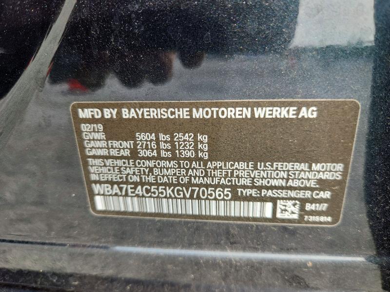 58444376 :رقم المزاد ، WBA7E4C55KGV70565 vin ، 2019 Bmw 740 مزاد بيع
