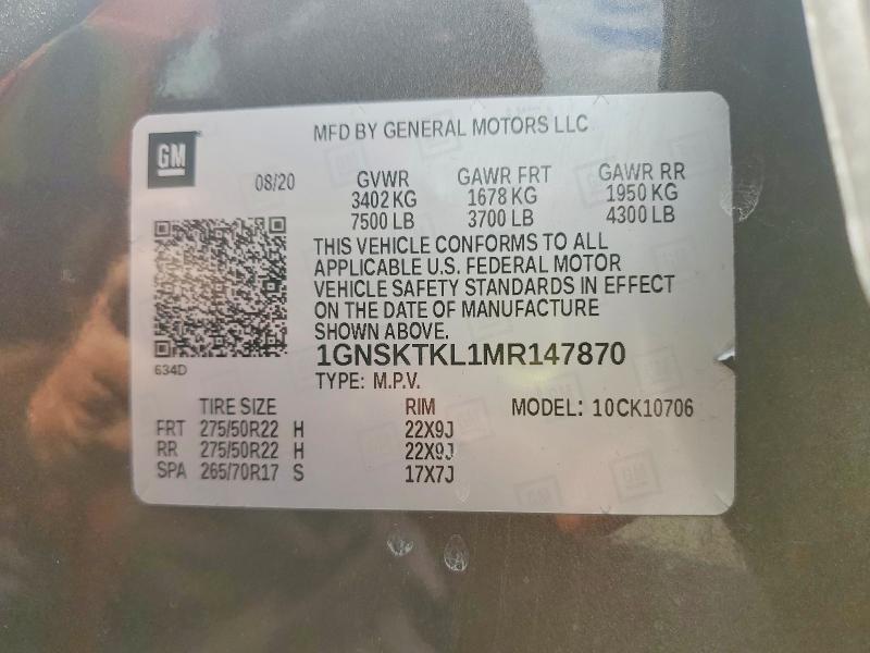 2021 Chevrolet Tahoe მანქანა იყიდება აუქციონზე, vin: 1GNSKTKL1MR147870, აუქციონის ნომერი: 56180716
