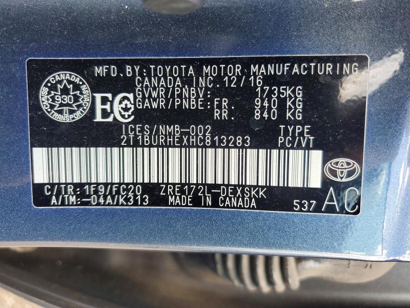 2017 Toyota Corolla მანქანა იყიდება აუქციონზე, vin: 2T1BURHEXHC813283, აუქციონის ნომერი: 57702216