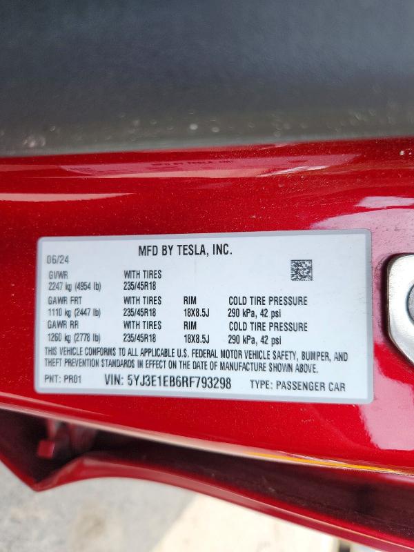 Aukcja sprzedaży 2024 Tesla Model 3, vin: 5YJ3E1EB6RF793298, numer aukcji: 56718266