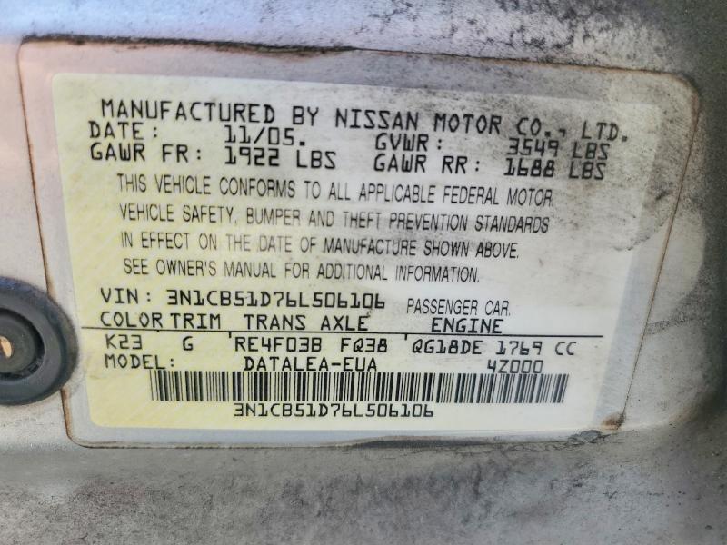 58497606 :رقم المزاد ، 3N1CB51D76L506106 vin ، 2006 Nissan Sentra مزاد بيع