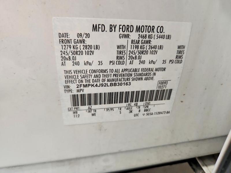 2020 Ford Edge მანქანა იყიდება აუქციონზე, vin: 2FMPK4J92LBB30163, აუქციონის ნომერი: 56139606