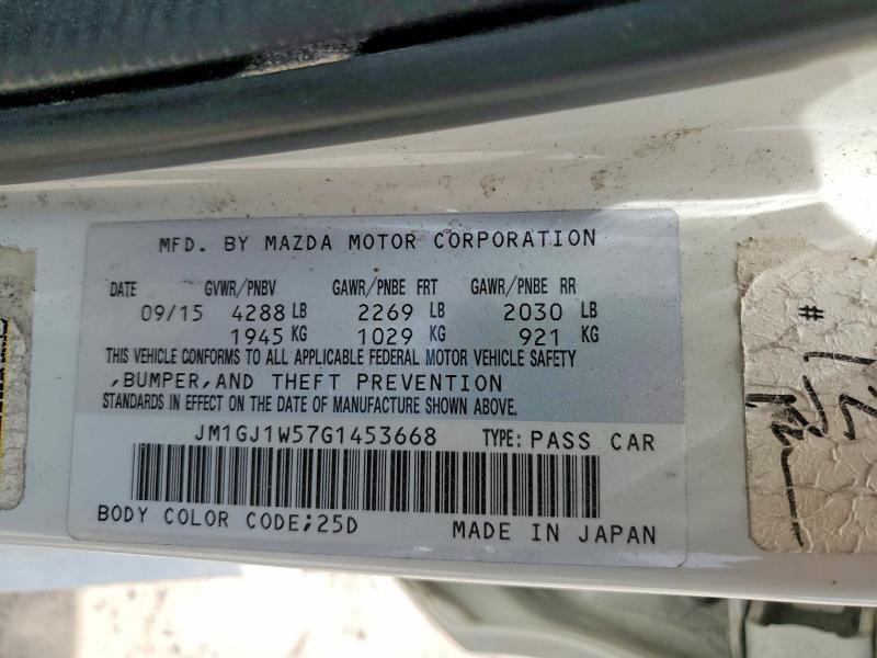 Продаж на аукціоні авто 2016 Mazda 6, vin: JM1GJ1W57G1453668, номер лоту: 58404366