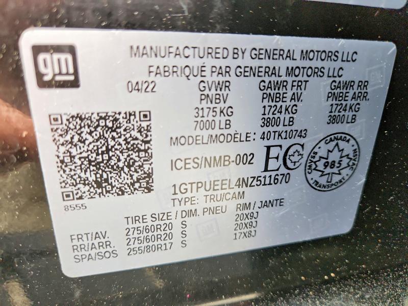 Aukcja sprzedaży 2022 Gmc Sierra, vin: 1GTPUEEL4NZ511670, numer aukcji: 55382056
