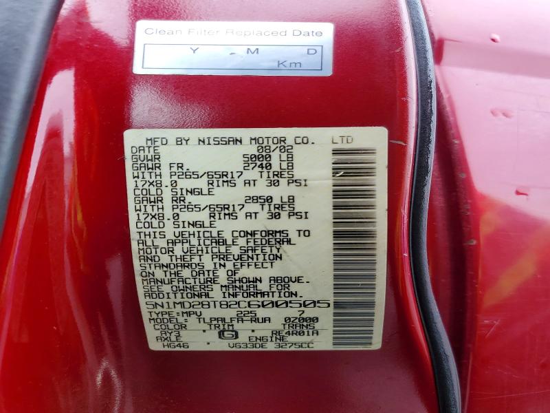 2002 Nissan Xterra მანქანა იყიდება აუქციონზე, vin: 5N1MD28T82C600505, აუქციონის ნომერი: 57717946
