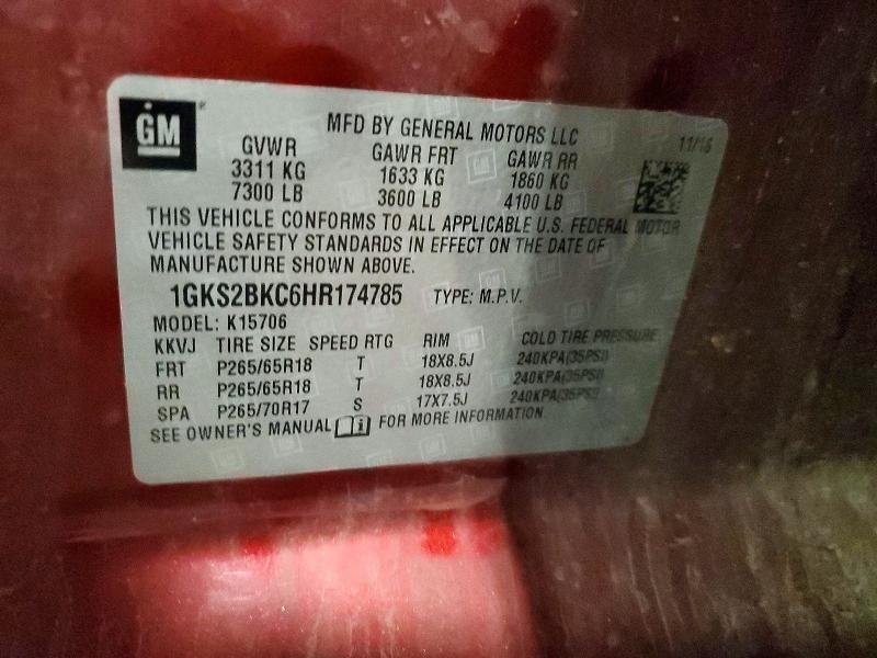 Aukcja sprzedaży 2017 Gmc Yukon, vin: 1GKS2BKC6HR174785, numer aukcji: 58889316