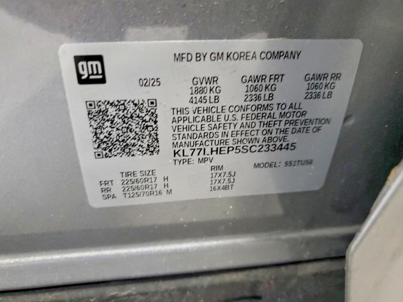 2025 Chevrolet Trax მანქანა იყიდება აუქციონზე, vin: KL77LHEP5SC233445, აუქციონის ნომერი: 58016366