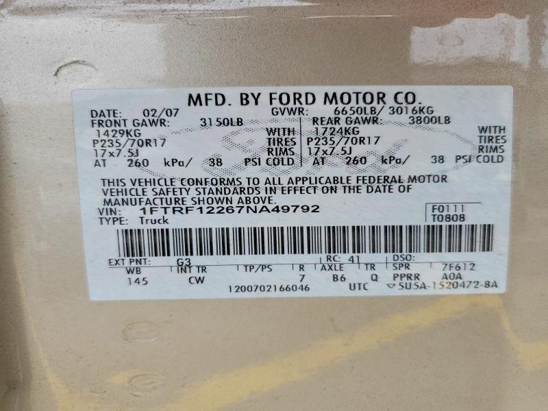 57685916 :رقم المزاد ، 1FTRF12267NA49792 vin ، 2007 Ford F150 مزاد بيع