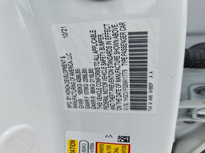2021 Honda Accord მანქანა იყიდება აუქციონზე, vin: 1HGCV1F52MA117779, აუქციონის ნომერი: 57014396
