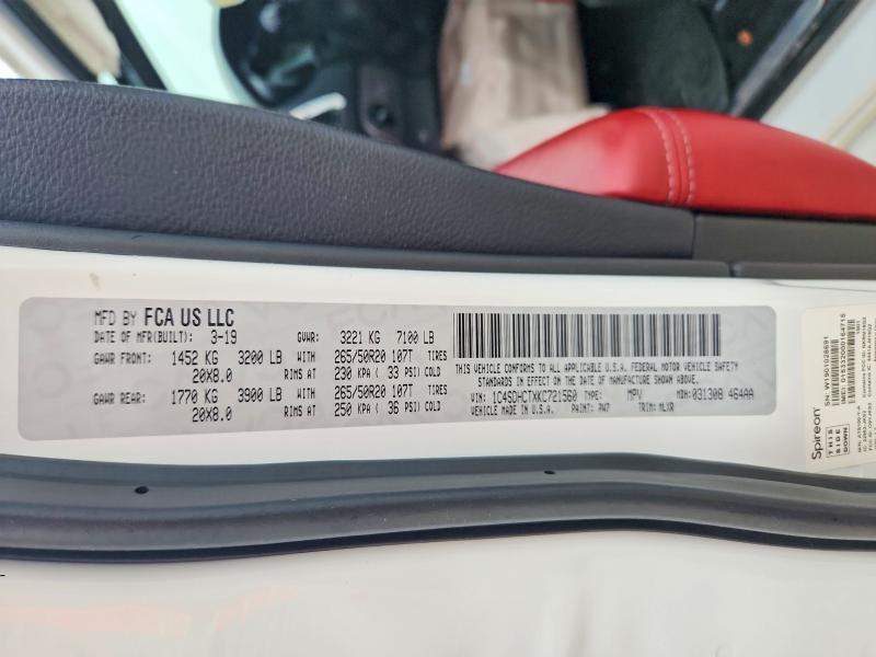 2019 Dodge Durango მანქანა იყიდება აუქციონზე, vin: 1C4SDHCTXKC721560, აუქციონის ნომერი: 57908376