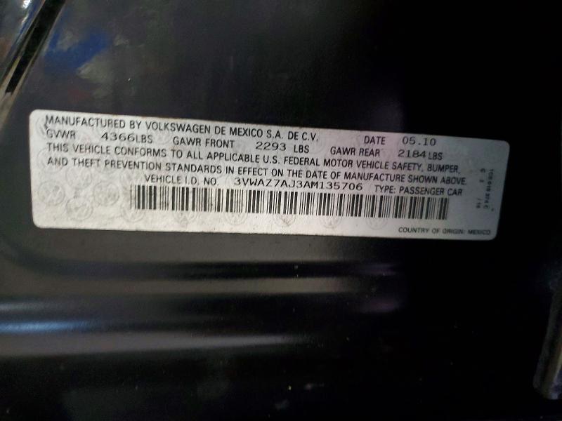 2010 Volkswagen Jetta მანქანა იყიდება აუქციონზე, vin: 3VWAZ7AJ3AM135706, აუქციონის ნომერი: 56644866