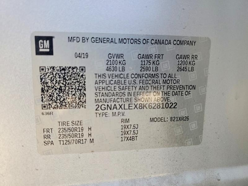 Aukcja sprzedaży 2019 Chevrolet Equinox, vin: 2GNAXLEX8K6281022, numer aukcji: 54819676