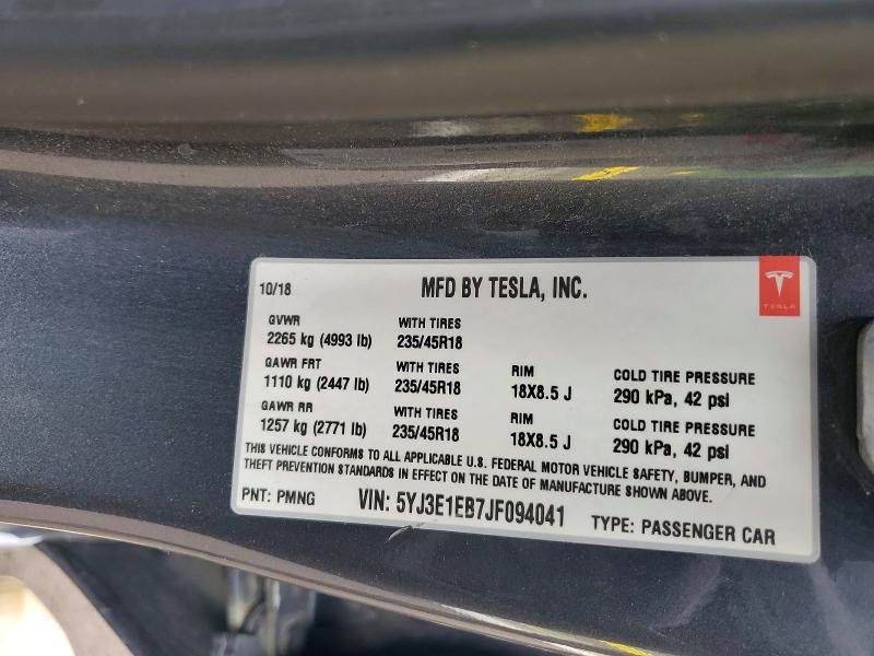 Auction sale of the 2018 Tesla Model 3, vin: 5YJ3E1EB7JF094041, lot number: 57492026