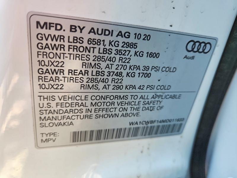54763466 :رقم المزاد ، WA1CWBF14MD011633 vin ، 2021 Audi Sq8 مزاد بيع