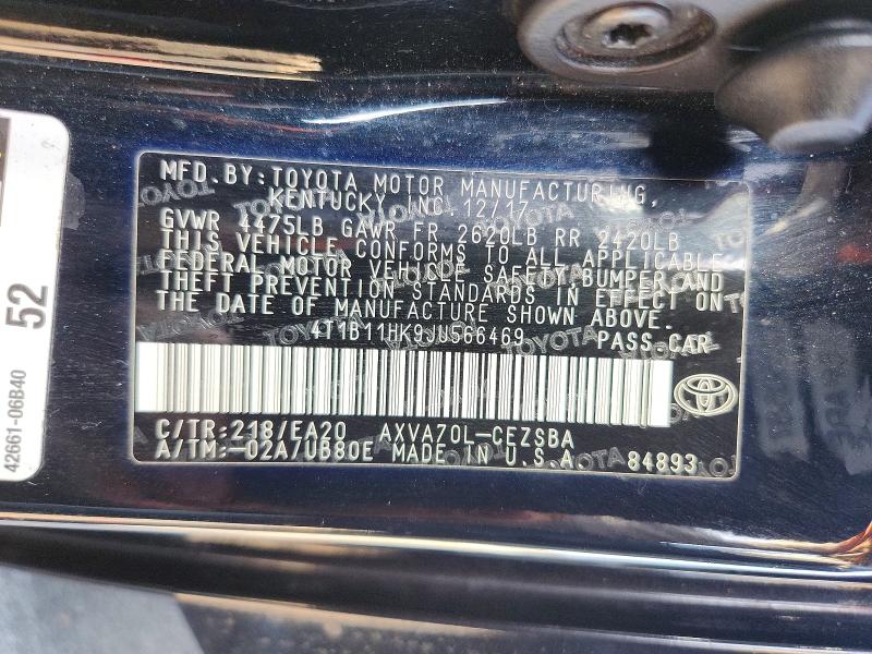 2018 Toyota Camry მანქანა იყიდება აუქციონზე, vin: 4T1B11HK9JU566469, აუქციონის ნომერი: 56136376