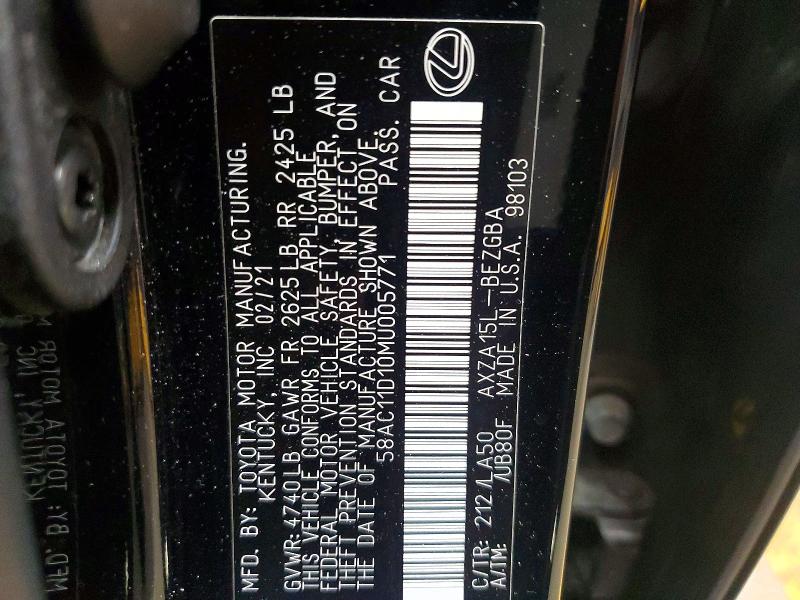 Aukcja sprzedaży 2021 Lexus Es 250, vin: 58AC11D10MU005771, numer aukcji: 56451416