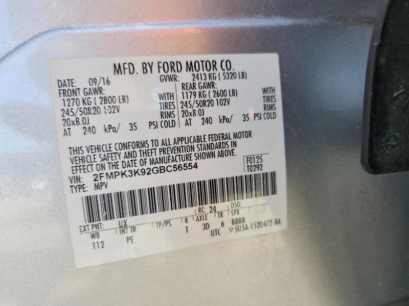 58999306 :رقم المزاد ، 2FMPK3K92GBC56554 vin ، 2016 Ford Edge مزاد بيع