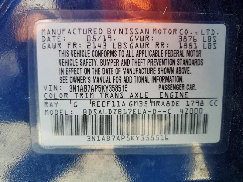 Aukcja sprzedaży 2019 Nissan Sentra, vin: 3N1AB7AP5KY358516, numer aukcji: 56148266